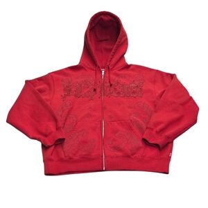 Supreme Leather Applique Zip Up Hooded Sweatshirt Burnt Red Size Large